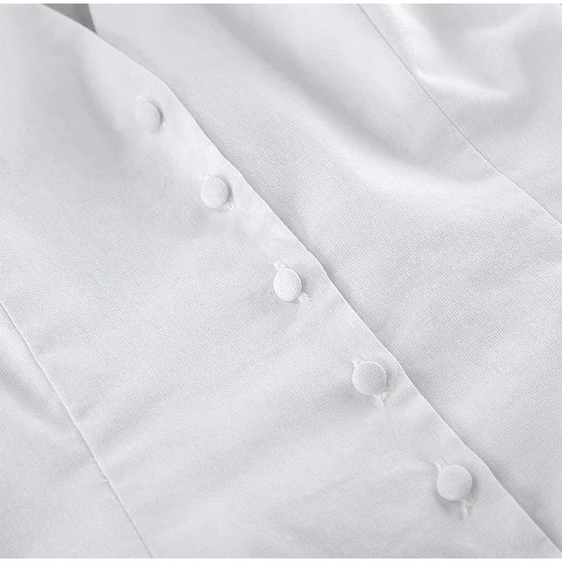 Aiertu  -  Cotton Linen Tank Top Shorts Sets Women's White Single Breasted Halter Ruffles Vest Wide Leg Shorts Suits Summer Commute Chic Aiertu