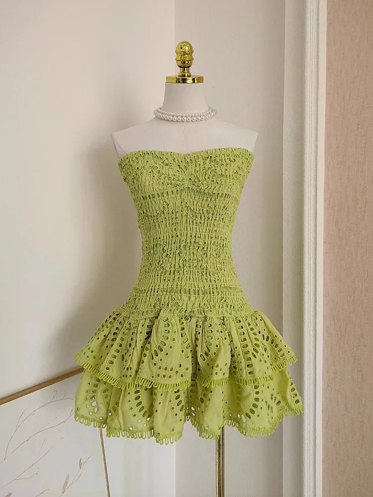 Aiertu  -  Summer Hollow Out Embroidery Cake Dress Women Sexy Beach Strapless Halter Stretch Cotton Spliced Layer Lace Trims Mini Vestidos Aiertu
