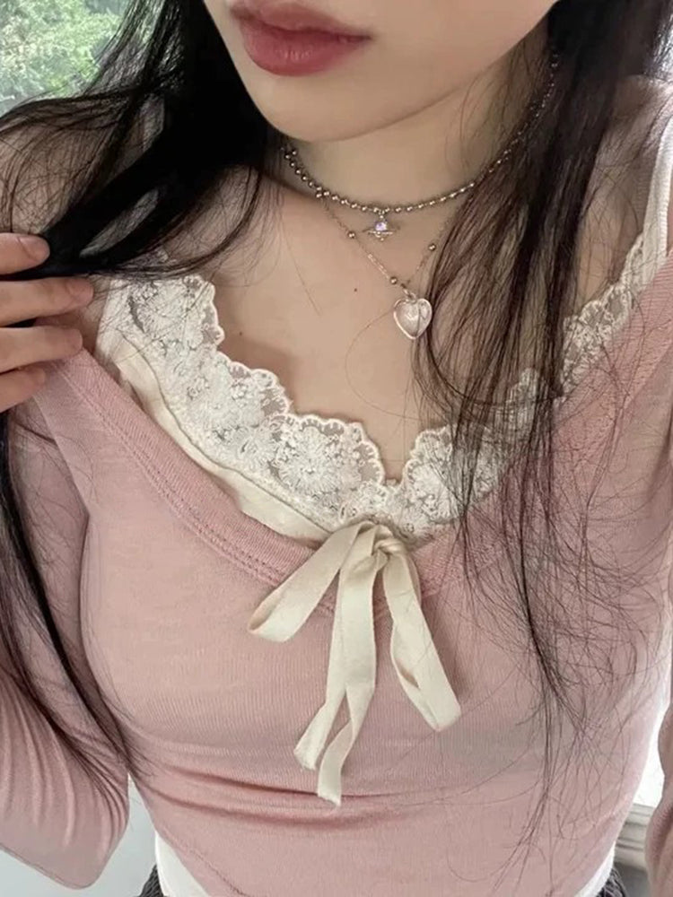 Aiertu - summer inspo Sweet Y2K Lace Contrast Patchwork Slim Long Sleeve Pink T Shirt Women 2000s Cute Kawaii Clothes Aiertu