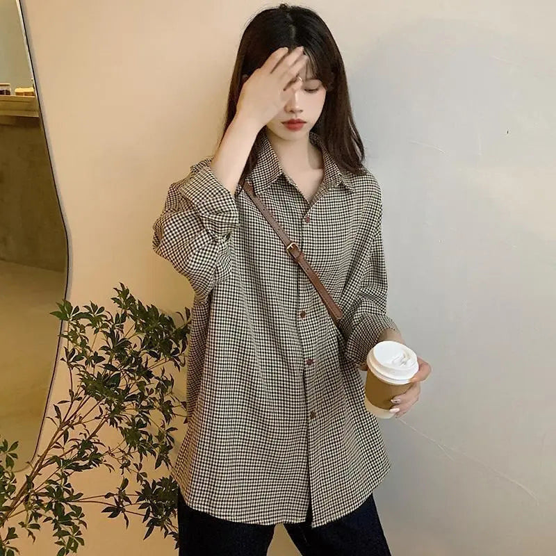 Aiertu Plaid Shirts Women Retro Turn Down Collar Long Sleeve Loose Blouses Harajuku Korean Office Lady Basic Casual Baggy Tops Aiertu