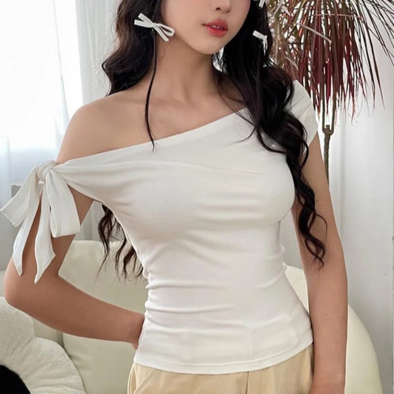 Aiertu  -  2000S New Fashion Folds Bow Solid Color Short Sleeve Sheath T-shirt 2025 Spring Women's Casual Style Slim Fit Lace-up Tees Top Aiertu