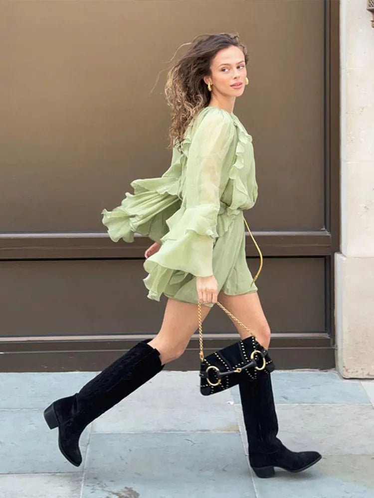 Aiertu       -  Fashion Green Ruffles Pleated Dress For Women Round Neck Long Sleeve Mini Dresses New Elegant Female Vacation Party Vestidos Aiertu