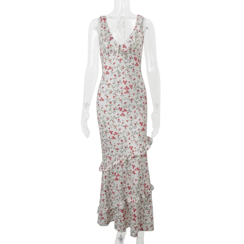 Aiertu  Floral Print Sexy V Neck Ruffles Elegant Bodycon Maxi Dresses Spring Fashion Holiday Streetwear Party Women Vestidos Aiertu