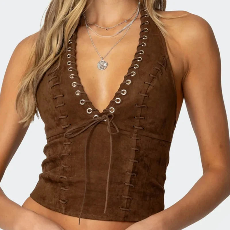 Aiertu  -  Nail Bead Faux Suede Vest Top fringed Shorts Women Set Sexy Slim Fit Halter Blouse Waistcoat Crop Tank Super Shorts Streetwear Aiertu
