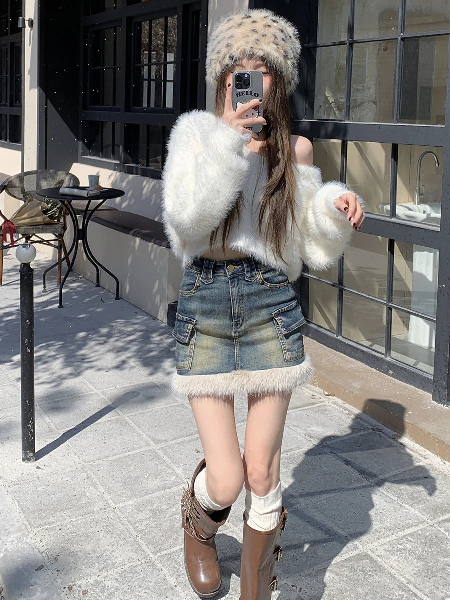 Aiertu  -  Faux Fur Patchwork Denim Mini Skirt Women Vintage High Rise Do Old Star Rivets Pockets Cargo Skirt Snow Winter Clothes Aiertu