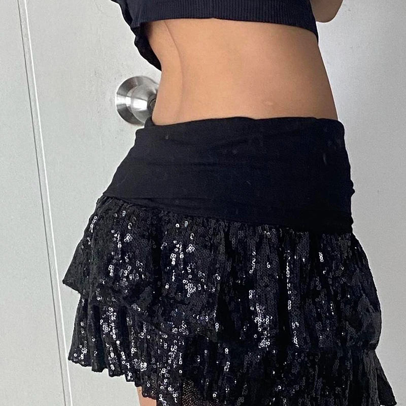 Aiertu  -  party look snspos Contrast Sequin Black Short Skirt Party Outfits Women Fashion A-line Layered Skirt Aesthetic Y2K Clubwear Vintage Aiertu