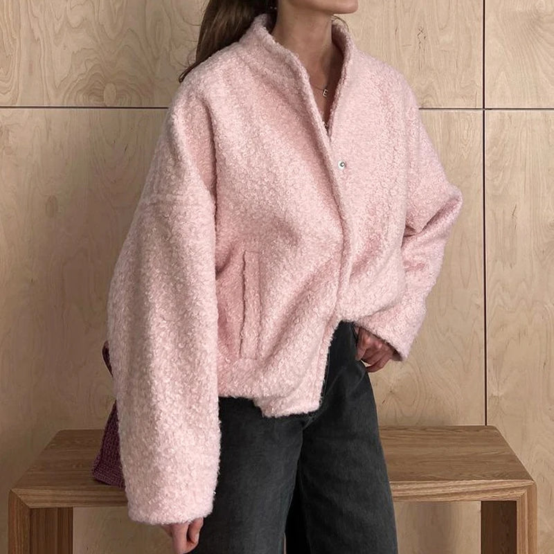 Aiertu  -  Casual Fashion Style Women's Pink Fleece Thick Warm Jackets Simple Elegant Stand Collar Long Sleeve Pockets Loose Fit Coats Aiertu