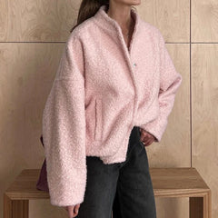 Aiertu  -  Casual Fashion Style Women's Pink Fleece Thick Warm Jackets Simple Elegant Stand Collar Long Sleeve Pockets Loose Fit Coats Aiertu