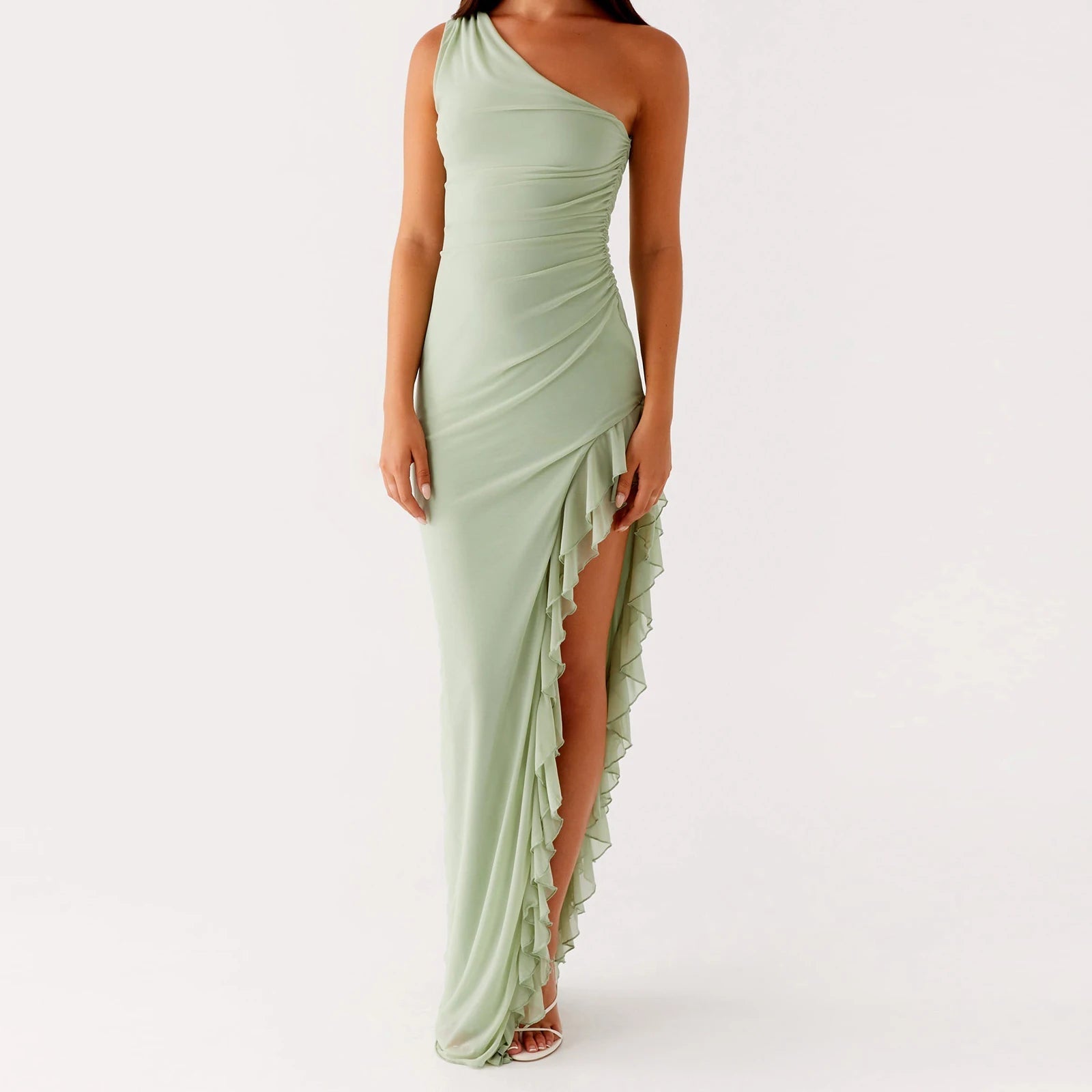 Aiertu  -  Women One Shoulder Bodycon Maxi Dress Sleeveless Backless Ruffle High Split Evening Party Dress Cocktail Clubwear Aiertu