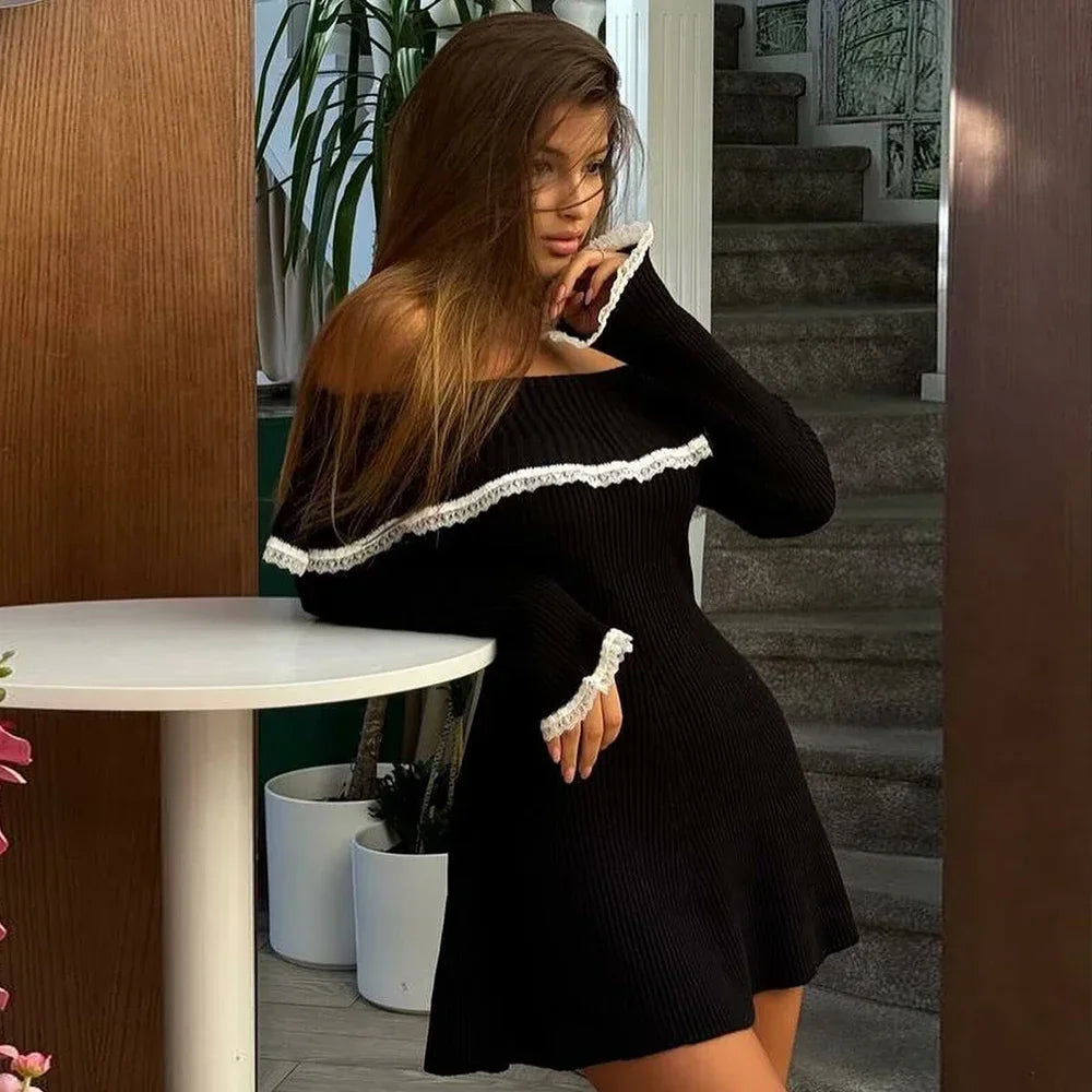 Aiertu  -  Autumn Off The Shoulder Sweater Dress 2026 Elegant Long Sleeve Knitted Dress Sexy Causal Warm White Dress Women Aiertu