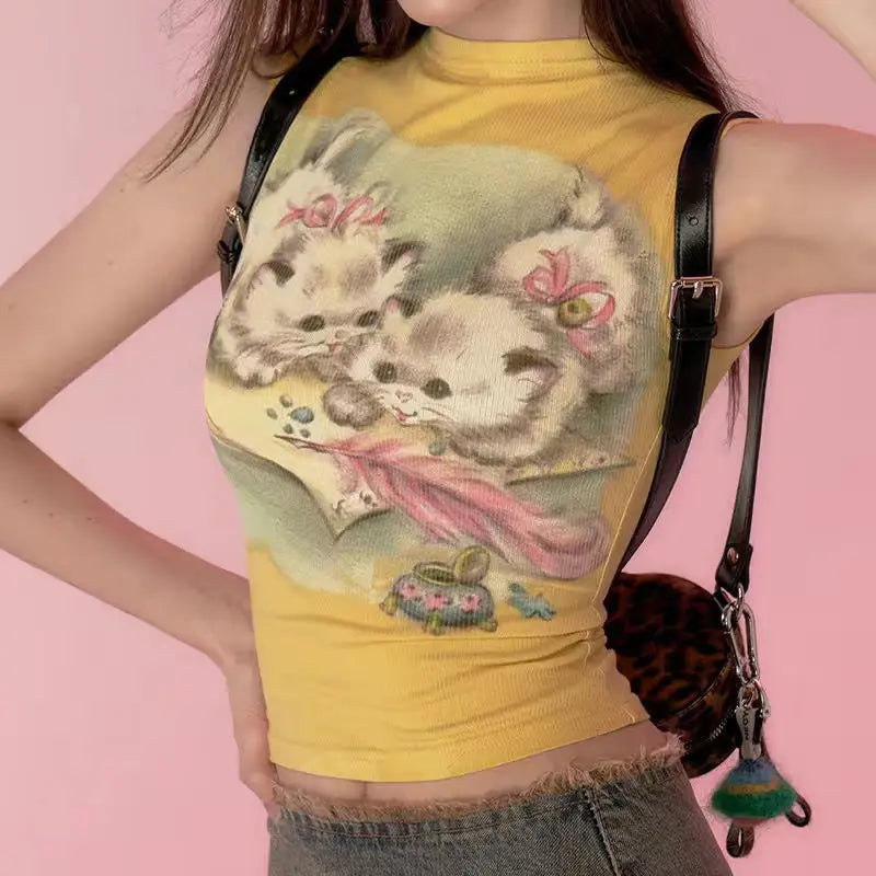 Aiertu  -  Trendy Kawaii Cute Cat Print T-shirt Women Summer Harajuku Y2k Half Turtleneck Crop Top Fashion Sweet Vintage Tee Shirts Femme Aiertu