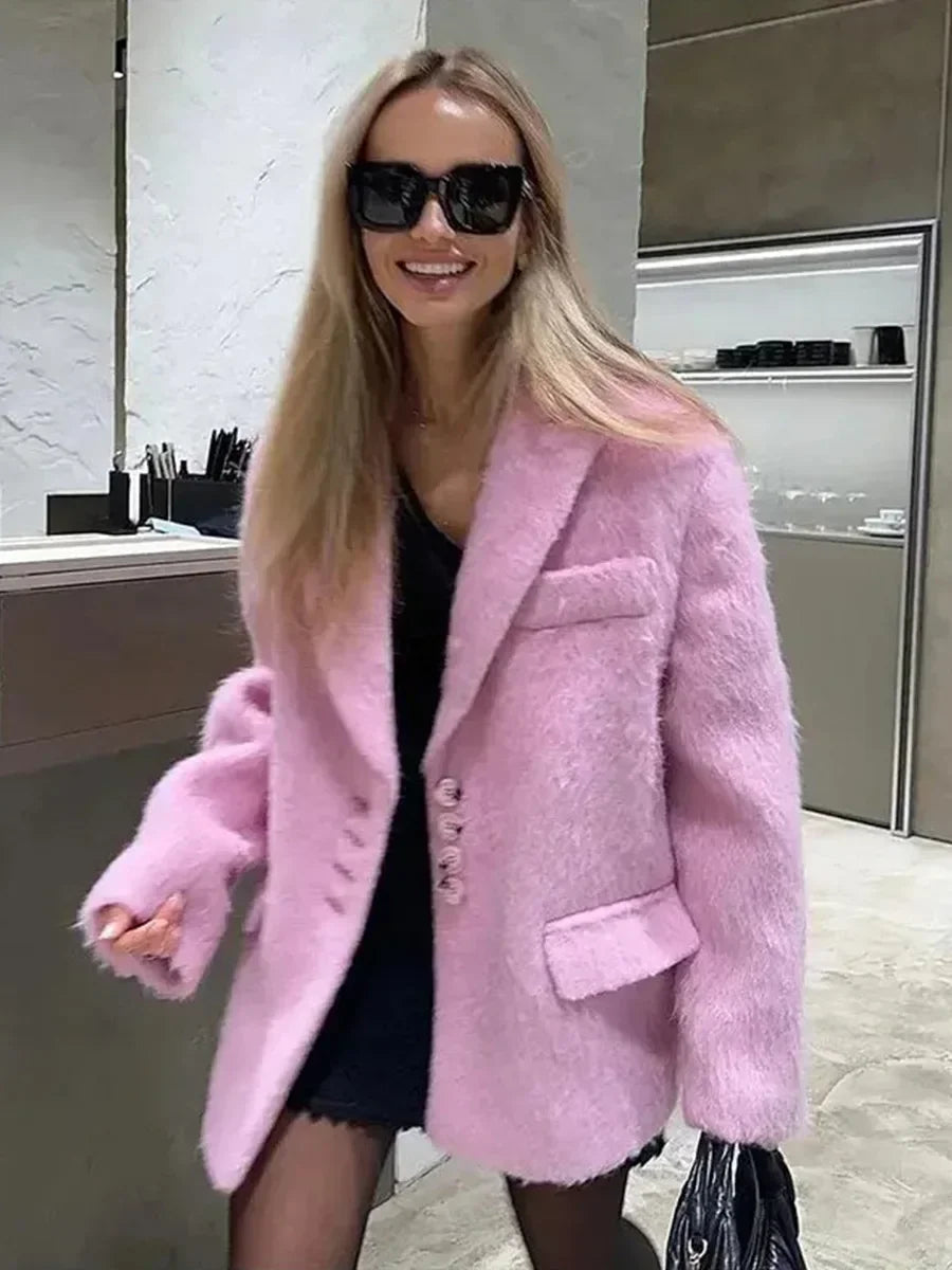Aiertu  -  Loose Lapel Plush Jacket Female 2026 Autumn Winter New Warm Solid Button Long Sleeve Coat Office Lady Outwear Elegant Aiertu