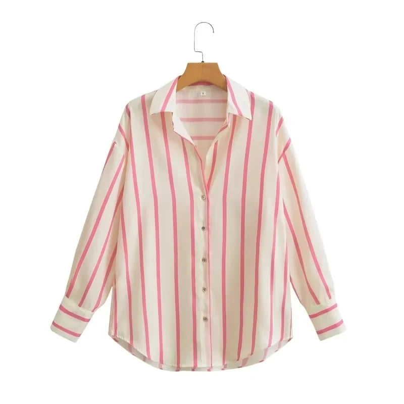 Aiertu  -  Stripes Shirt Women Autumn Spring Black Casual Loose Blouse Turn Down Collar Chic Vintage Oversize Female Blusa Aiertu