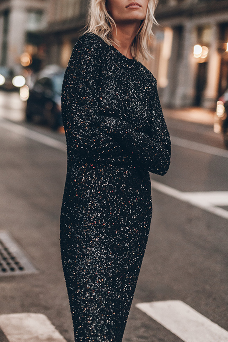 Aiertu  -Casual Street Sequins Backless O Neck Long Sleeve Dresses aiertu