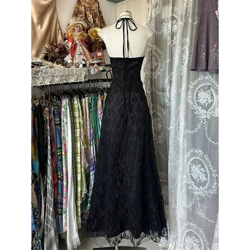 Aiertu  -  Y2K Black Lace Midi Dress Women Party Sexy Halter Ruffles Dresses Summer Vintage Korean V Neck Backless Bodycon Vestidos Aiertu