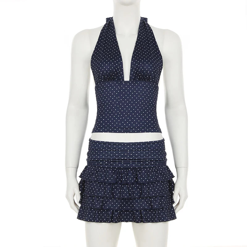 Aiertu  -  Holiday Sexy Dot Printed Dress Sets Women Beach Style Slim 2 Piece Sets Deep V-Neck Halter Tops Low-Waisted Mini Skirts Aiertu