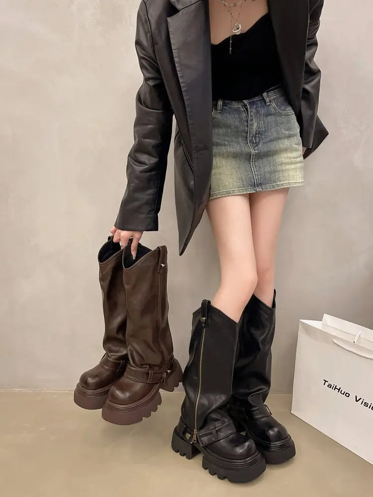 Aiertu    -  Autumn Women's Knee High Boots Western Round Toe Long Boots Women Western Shoes Chunky Heel Platform Women Aiertu