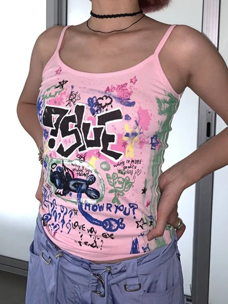 Aiertu  -  Summer Streetwear Grunge Cartoon Print Tanks Kawaii Cute Slim Sweet Y2k Aesthetic Tank Top Harajuku Women Camisole Trendy Aiertu