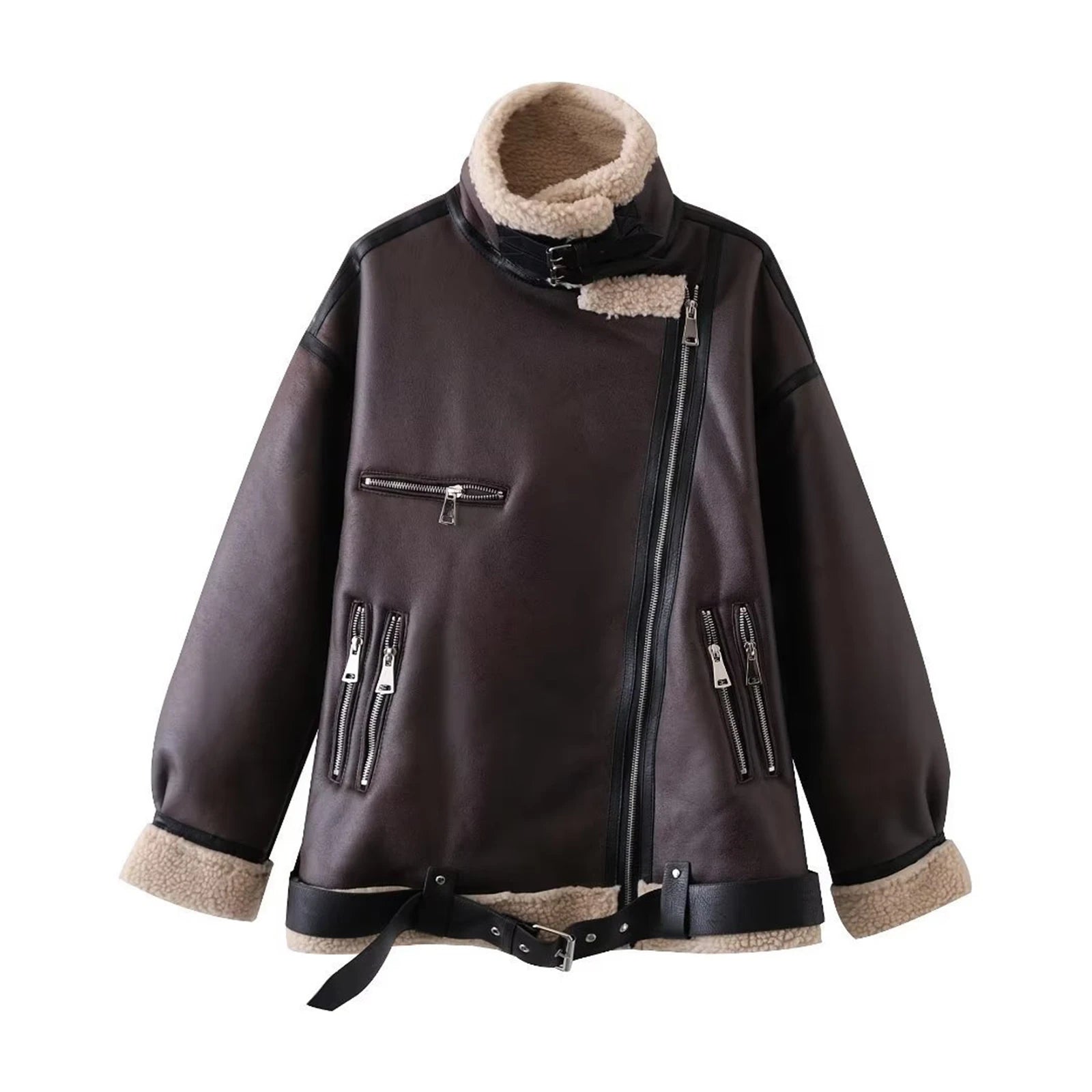 Aiertu  -  Women Faux Lamb Fur Leather Short Jacket Lapel Zipper Bomber Outwear Faux Suede Lapel Coat Warm Biker Motor Aviator Coat Aiertu