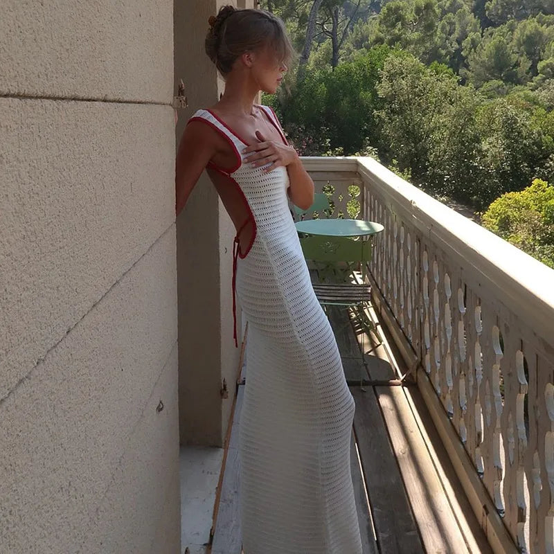 Aiertu  -   Elegant Sleeveless Hollow Out Knitted Maxi Dress Women Fashion Outfits Club Party Backless Tie Detail Long Dresses Aiertu