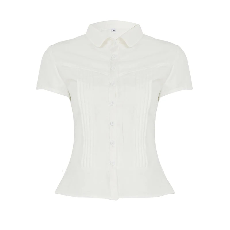 Aiertu  Turn-Down Collar Button-Up Corset Blouse Women's Casual Solid Tee Shirt Korean Short Sleeve Fashion Cute Top Aiertu