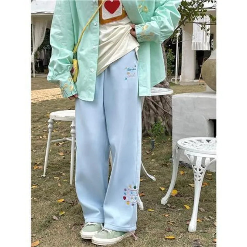 Aiertu  -  Star Note Embroidery Japanese Sweet Girl Soft Trousers Students High Waisted Summer Thin Loose Casual Sports Wide Leg Long Pants Aiertu