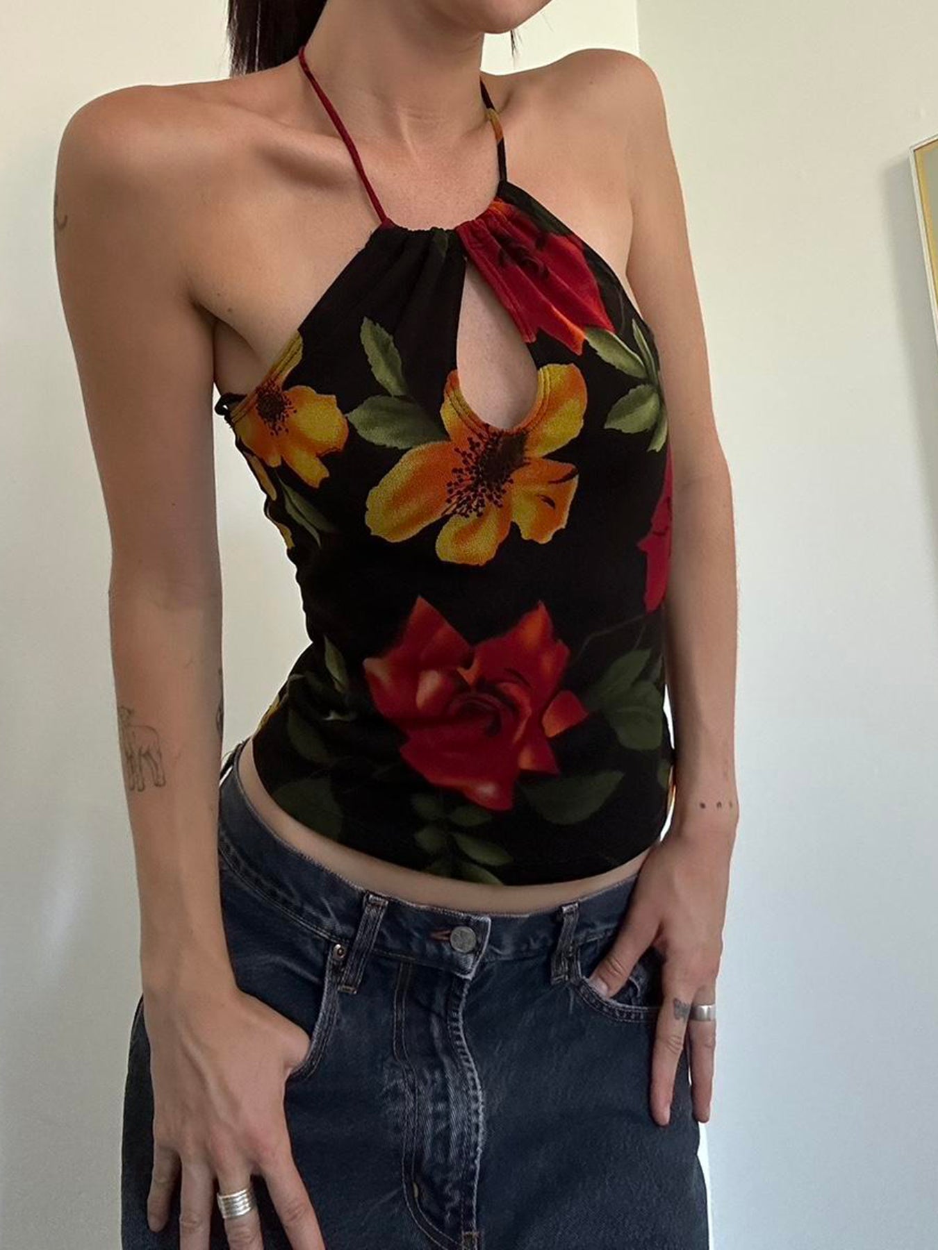 Aiertu - summer inspo Vintage Aesthetic Big Floral Print Slim Backless Tie Halter Top Women Summer Vacation Tank Vest Aiertu
