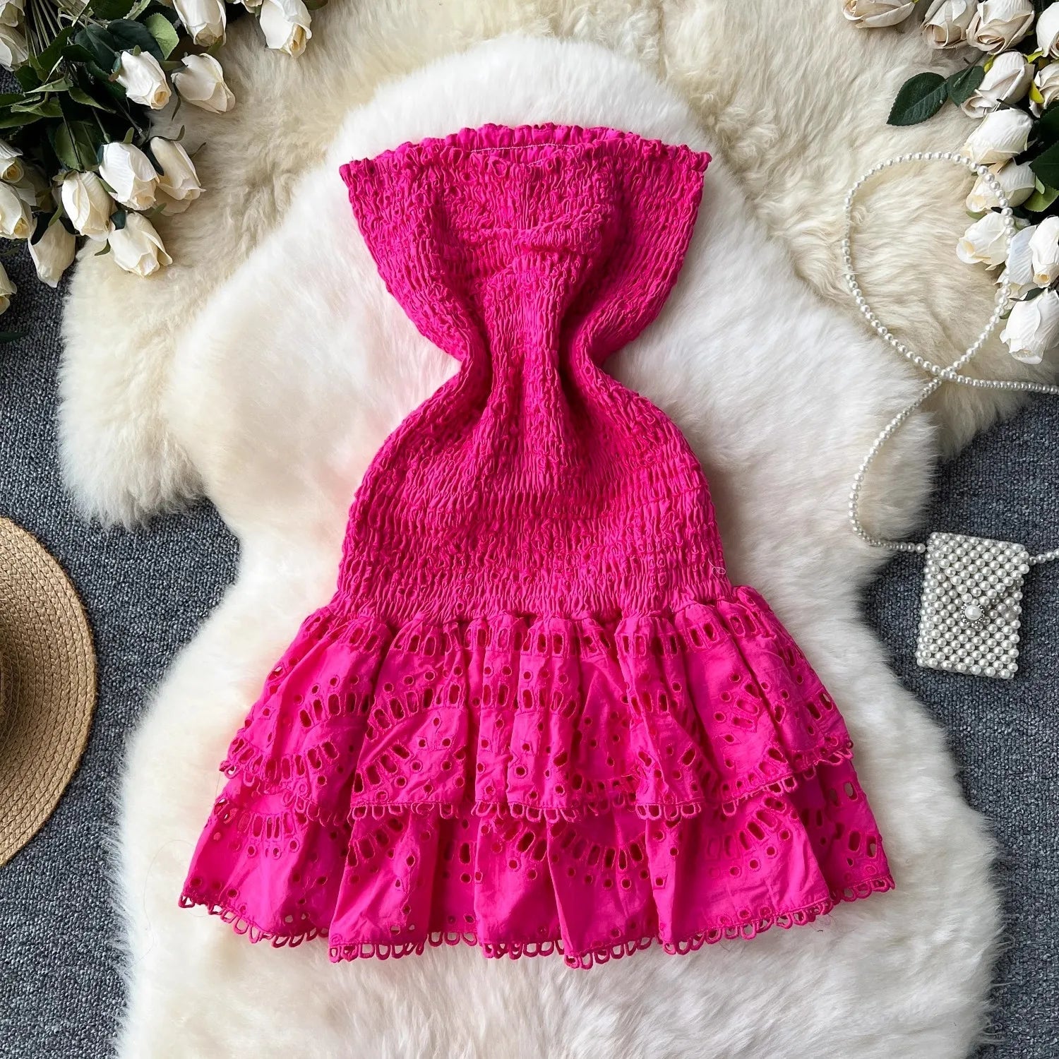 Aiertu  -  Summer Hollow Out Embroidery Cake Dress Women Sexy Beach Strapless Halter Stretch Cotton Spliced Layer Lace Trims Mini Vestidos Aiertu