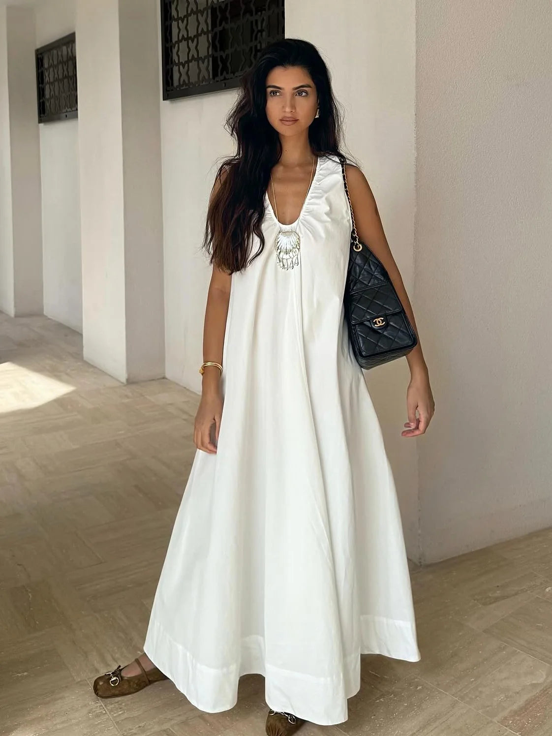 Aiertu  -  Sleeveless Summer Cotton Lined Long Dress Women Elegant V-neck Pleated Solid Loose Dresses Holiday Casual Evening Lady Vestidos Aiertu