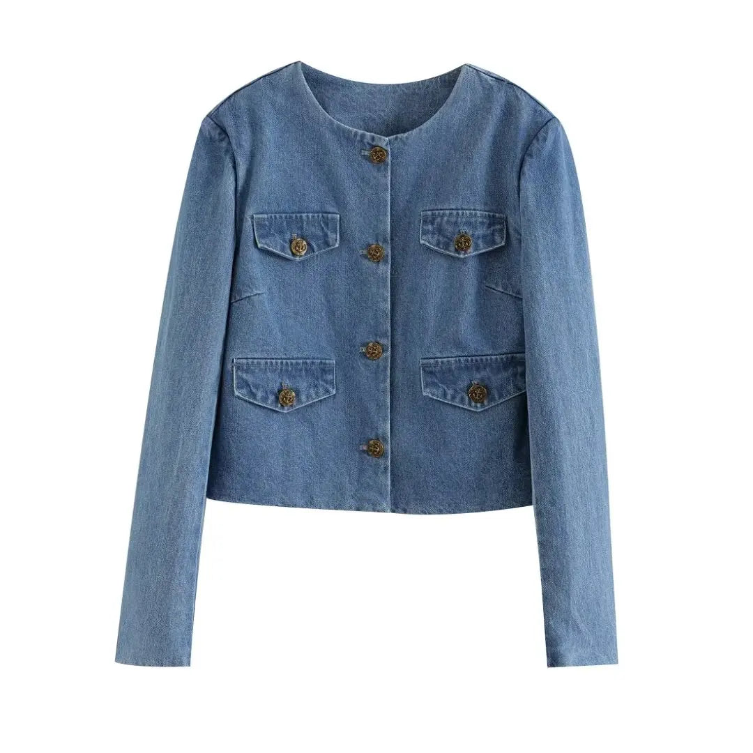 Aiertu  -  Small fragrant style gold button denim jacket for women in spring and autumn design niche retro Hong Kong style chic little jack Aiertu