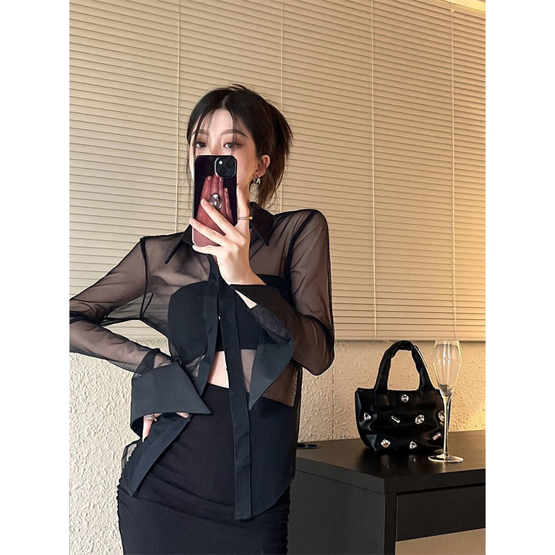 Aiertu Y2K Mesh Sheer Shirts Women Sexy Black See Through Blouses Summer Korean Fashion Aesthetic Long Sleeve Slim Chic Tops New Aiertu