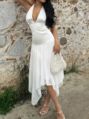 Aiertu  -  Elegant White A-line Dress Summer Sleeveless Deep V-neck Solid Sexy Dresses for Women y2k Holiday Outfits Ladies Casual Aiertu