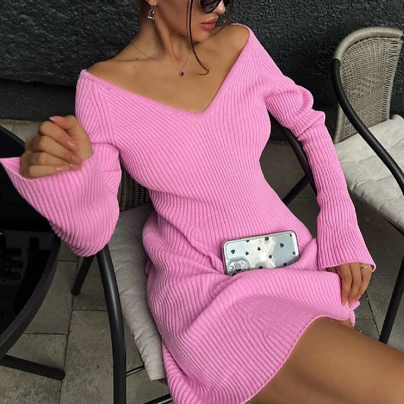 Aiertu  -  Autumn Winter Sweater Dress Sexy Off-Shoulder Women's A-Line Hem Elegant Rib Knit Mini Dresses Long Sleeve Higt Waisted Aiertu
