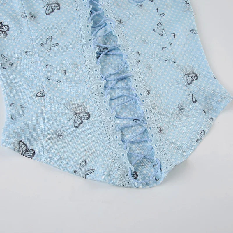 Aiertu  -  Spring Dream Blue Butterfly Printing Contrast Color Mesh Splicing Waist Strap Design Pure Desire Sling Vest Y2K Aiertu