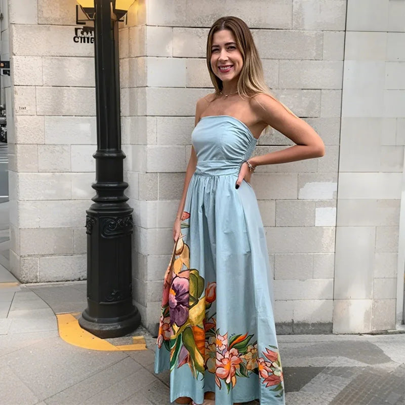 Aiertu  -  Blue Printed Strapless Dress Pleated Fluffy Large Hemline Cinched Waist Slimming Off Shoulder Robes Women Beach Long Dresses Aiertu