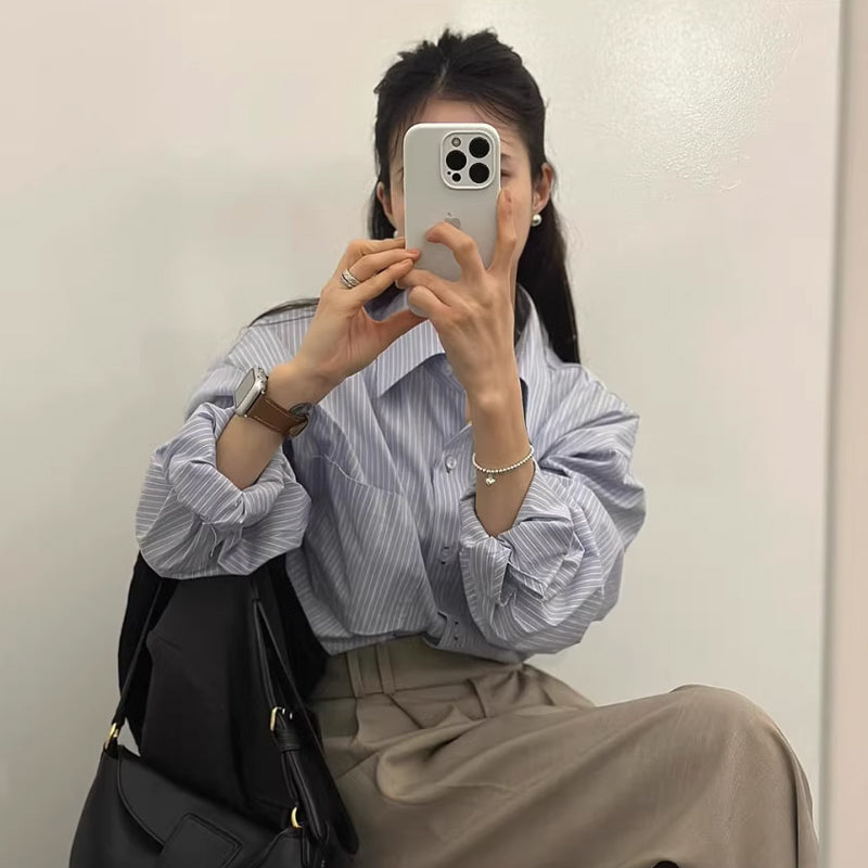 Aiertu Elegant Striped Shirts Women Vintage Long Sleeve Pocket Blouses Spring Ladies Korean Single Breasted Design Casual Tops Aiertu