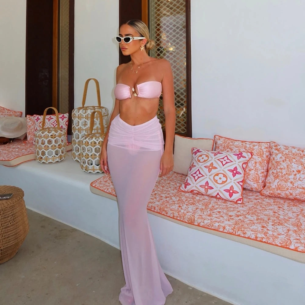 Aiertu  -  3 Pieces Bikini Set Solid Long Skirt Women Swimwear Sexy Bikinis Bandeau Beachwear Bodysuit Micro Thong Biquini Female Aiertu