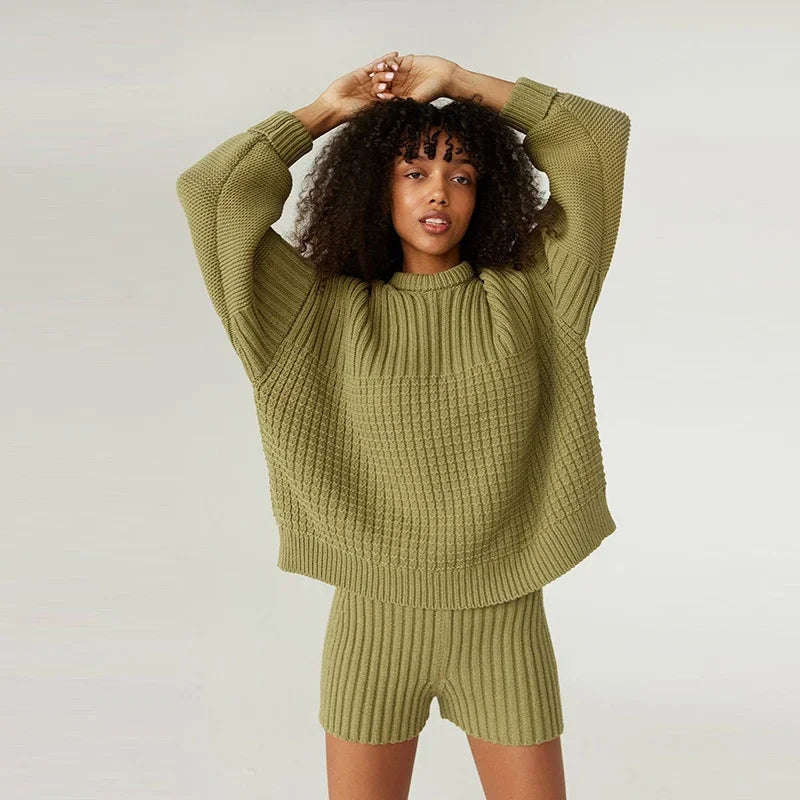 Aiertu  -  Knitted Solid Women Sweater Sets Crochet O Neck Full Sleeves Lady Pullover Set 2024 Autumn Casual Fashion Wide Leg Shorts Suit Aiertu