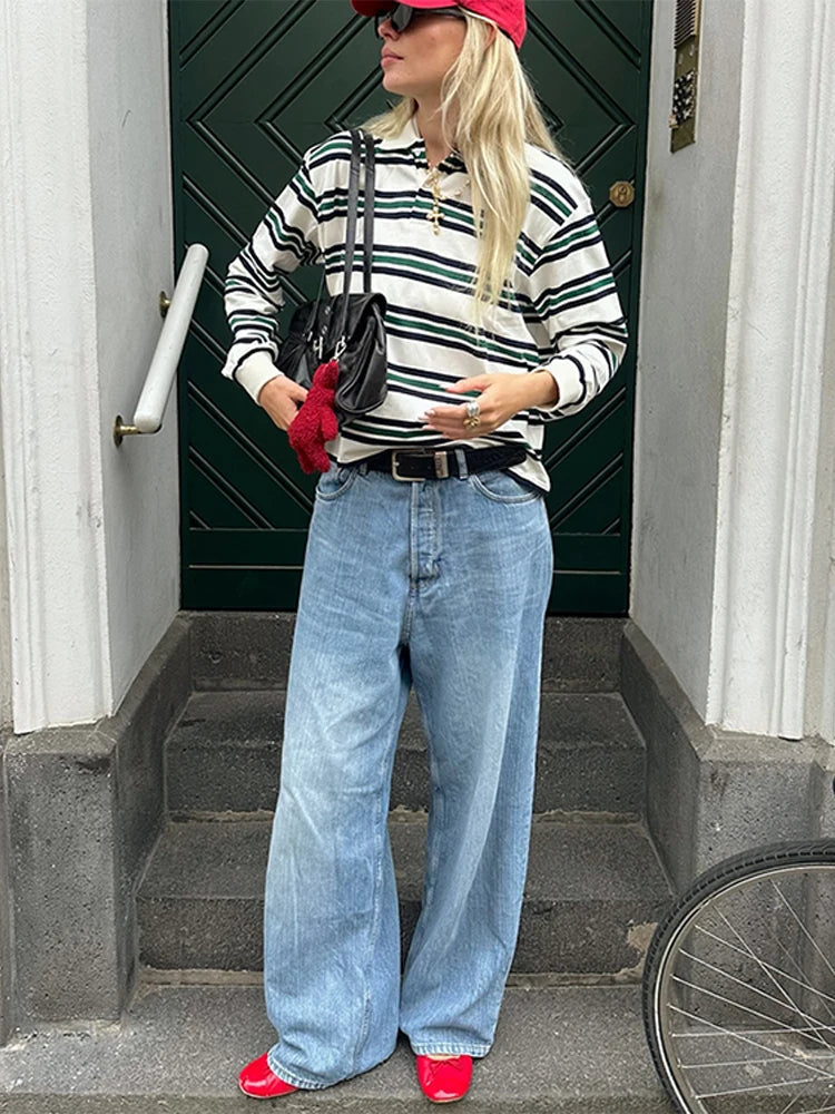 Aiertu  -  Fashion Striped Women's T-Shirt Casual Long Sleeve Basics Tees Polo Shirts 2025 Spring Summer New Ladies Loose Tops High Street Aiertu