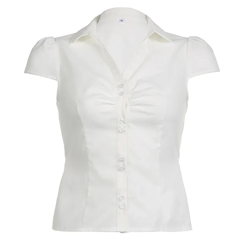 Aiertu  -  White Tie Up T Shirt y2k Women Short Sleeve Turn Down Collar Button Crop Top Vintage Harajuku Korean Tee Summer Casual Aiertu