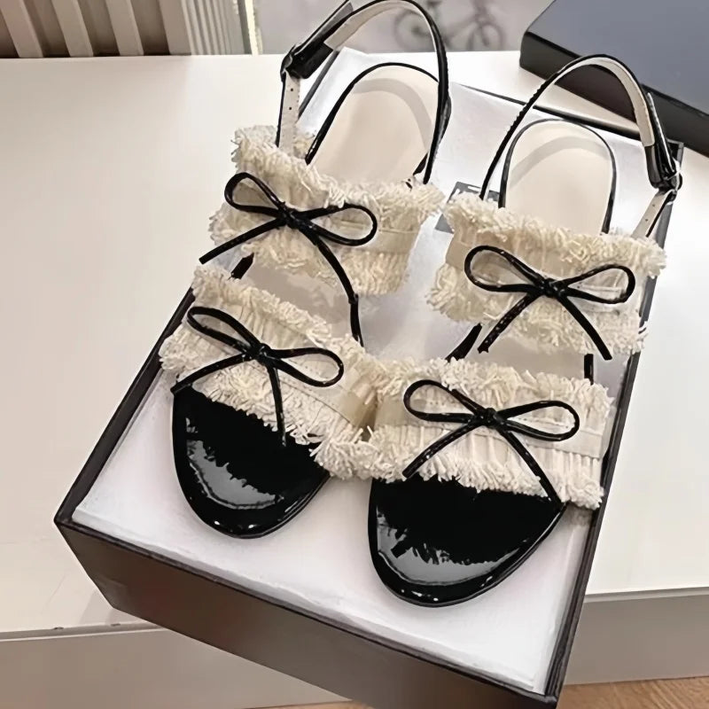 Aiertu  -  Butterfly-knot Shoes for Lady Round Toes High Heels Pleated Female Sandals Mixed Colors Women Back Strap Tacones Chassure Femme Aiertu