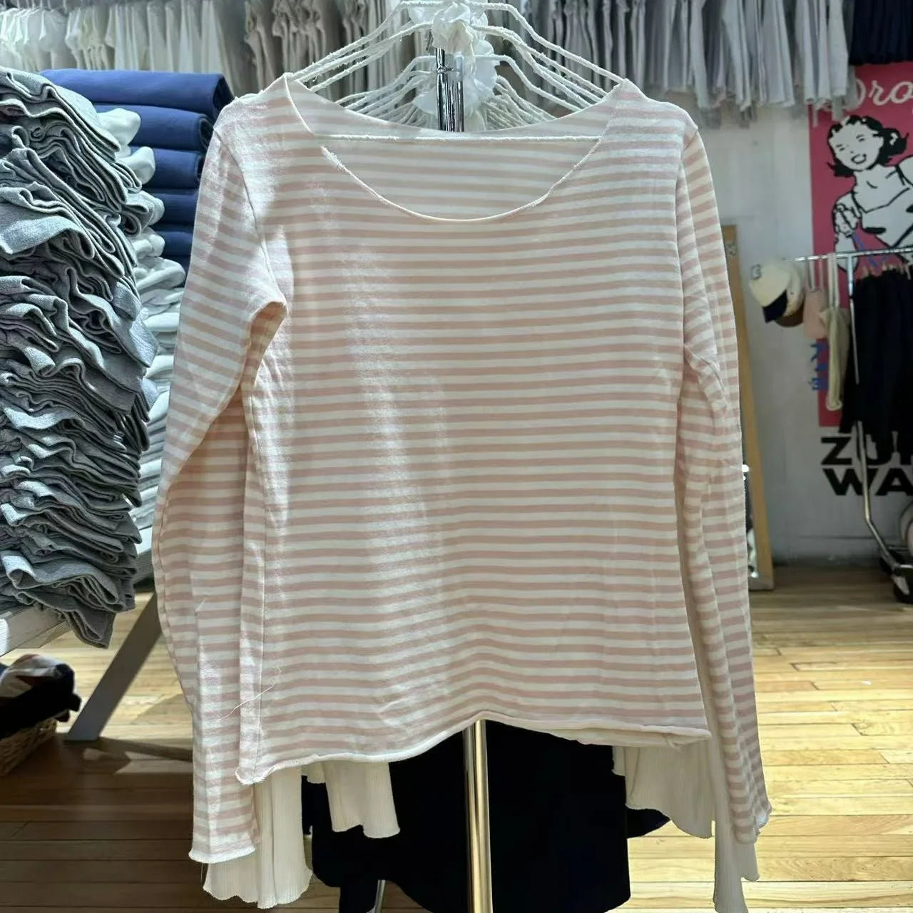 Aiertu  -  Hem Pink Striped Long Sleeve T-shirt Women Spring New Slash Neck Cotton Chic Tee Shirts Sweet Preppy Style Basic Tops Y2k Aiertu