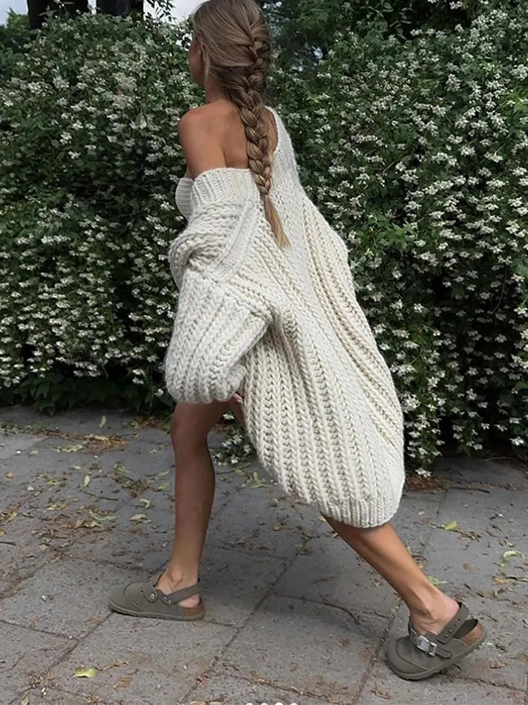 Aiertu  -  Long Lantern Sleeves Solid Women Cardigans Knitted Loose V Neck Lady Sweater 2024 Vintage Autumn Winter Female Warm Streetwear Aiertu