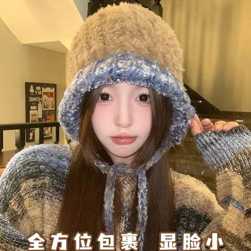 Aiertu  -  Plush Knitted Hat For Women New Autumn And Winter Thickened Warmth And Cold Resistant Woolen Hat Big Headed Cap Balaclava Hat Aiertu