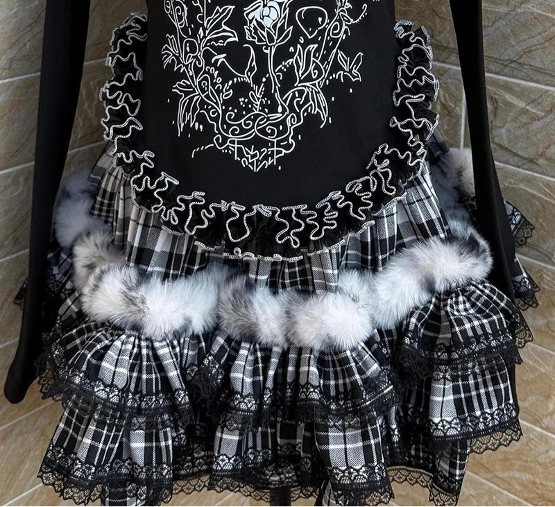 Aiertu  -  Plaid Black Puffy Mini Skirt Grunge Retro Fuzzy Tiered Ruffle Elastic Waist Liner Cake Skirt Goth Lolita Women Bottoms Aiertu