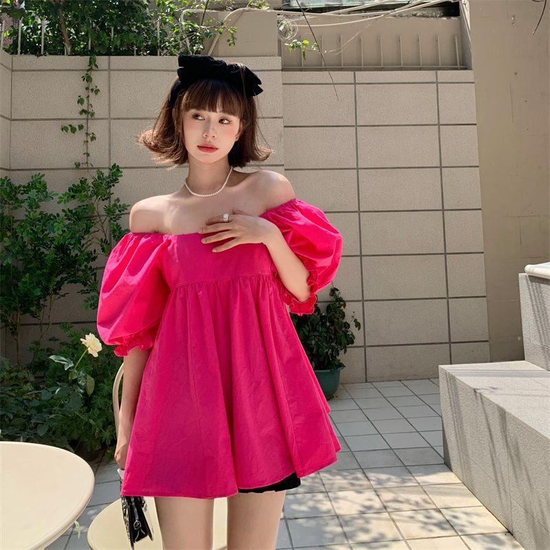 Aiertu Sweet Shirts Women Slash Neck Bandage Puff Sleeve Blouses Summer Korean Cute Off Shoulder Square Collar Loose Casual Tops Aiertu