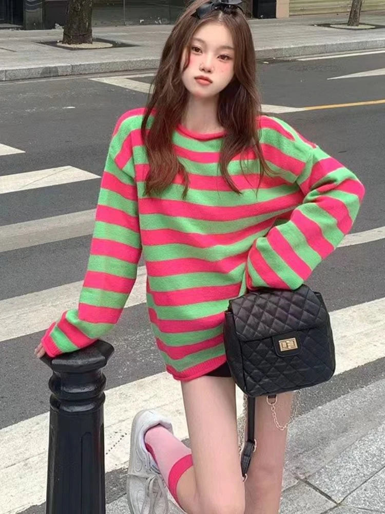 Aiertu  -  Casual Striped Sweater Women Sweet Preppy Style Long Sleeve Pullover Knitted Oversize Korean Fashion Tops Autumn Winter Aiertu