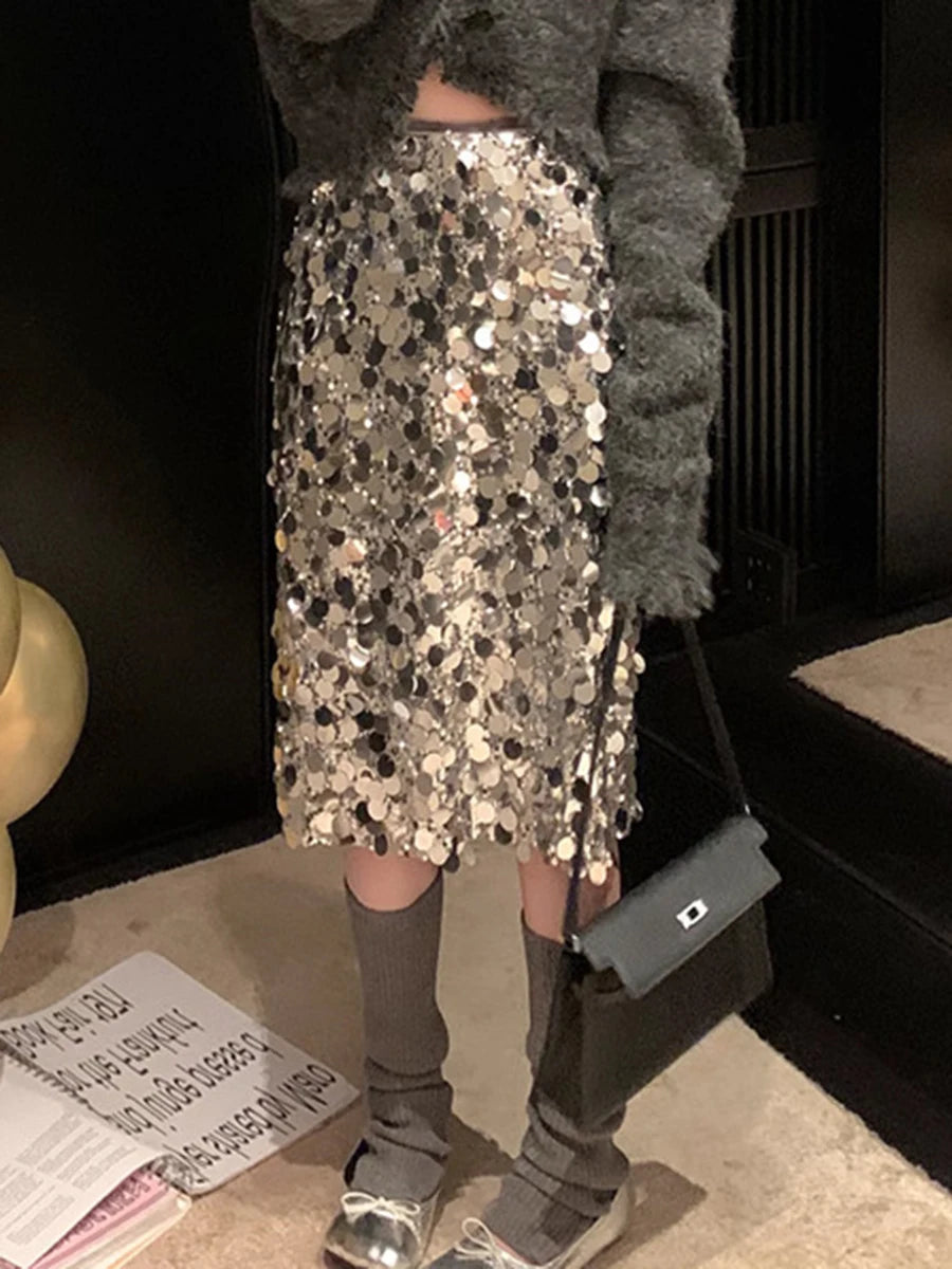 Aiertu  -  Sequins Silver Midi Skirts For Women New Elastic Waist Sexy Elegant Party Long Skirt 2025 Spring Streetwear Fashion Chic Faldas Aiertu