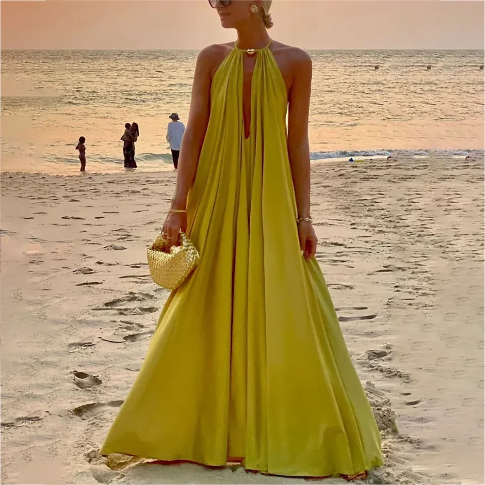 Aiertu  -  Solid Color Halter Long Dress Women's Swimwear Summer Elegant Bikini Suit Cutout Sleeveless Vacation Luxury Beach Swimsuits Aiertu