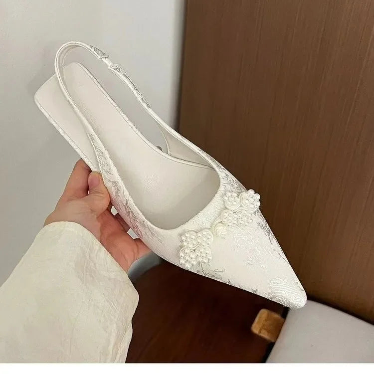 Aiertu  -  Chinese White Pearl High Heel Sandals Women Spring and Summer Jacquard Satin Pointed After Empty Sandals Spring New Aiertu